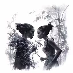 two women are standing next to each other near a tree
