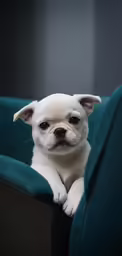 a small white dog laying down on a couch