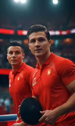 two professional athletes holding their trophies on the court