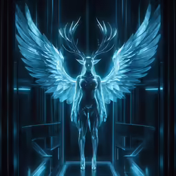 blue glowing wings adorn a body with a woman on it