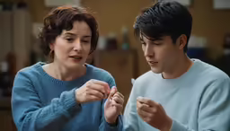 a boy helping a woman fix something together