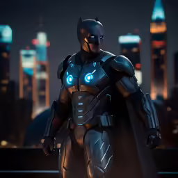 a man in a futuristic suit walking with blue light on