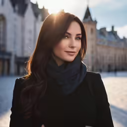 the woman is posing for a picture near some buildings