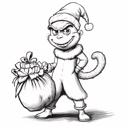 a black and white picture of a cat holding a sack of gifts