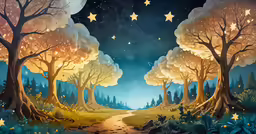 this painting shows a tree lined path with stars