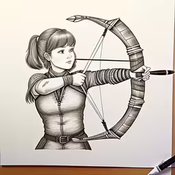 a drawing of the princess lei lei from the last of the titans,an illustration of a woman holding a bow and arrows,a drawing of a girl with an arrow and bow,a drawing of a woman holding a bow and arrow,a drawing of a girl shooting an arrow