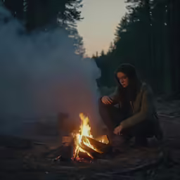 a young woman is sitting by a camp fire