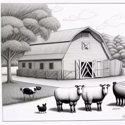 a drawing of five sheep standing next to a barn,two adults and three children are standing in front of farm animals