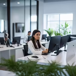 a woman sitting at a desk in an office looking at a laptop