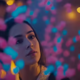 woman staring behind an interactive screen while surrounded by small circles