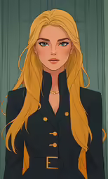 a blonde haired woman standing next to a green wall