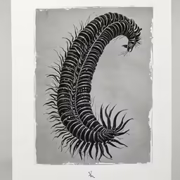 a print with black and white drawing of a circular fern