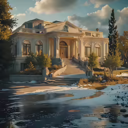 a very pretty big house next to some water