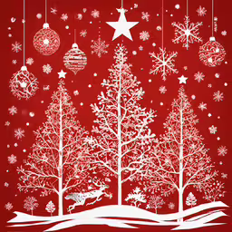 a red christmas background with christmas trees and snow,an illustrated christmas card with white trees and snowflakes