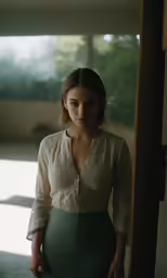 a young woman in a beige shirt and a green skirt