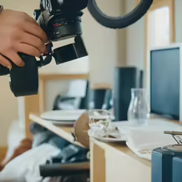 a man using a tripod to film something