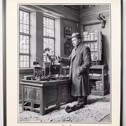 black and white photo of a man standing in an office