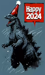 a dinosaur with a party hat in front of a happy new year sign