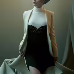 a woman wearing a dress and coat, sitting on a chair