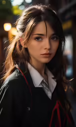 woman in black jacket with red necktie posing outdoors