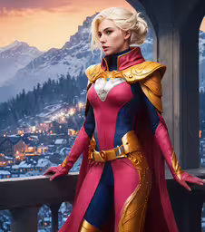 an action photo of a woman dressed as a supergirl,the girl is posing in a costume with mountains in the background