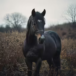 the horse is walking through a field in front of many trees