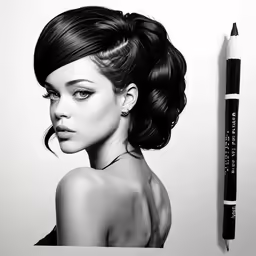 a woman with dark hair and long bangs next to a black and white pencil