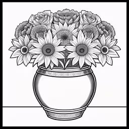 a drawing of a vase full of sunflowers,black and white picture with a vase of flowers