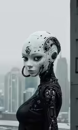 a woman is wearing a robot suit and standing on the roof