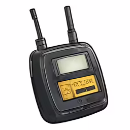 a black electronic device with yellow writing on the front