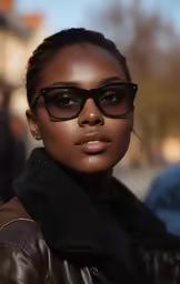 a person wearing sunglasses and a leather jacket on a street