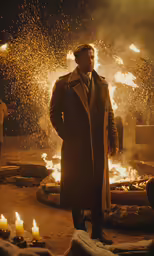 a man standing by some fire while wearing a trench coat