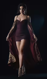 a woman in a maroon dress is walking down a runway