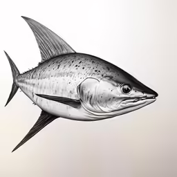 the drawing depicts a gray fish and its long black tail