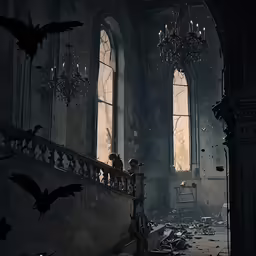 a scene with several windows and a dark room