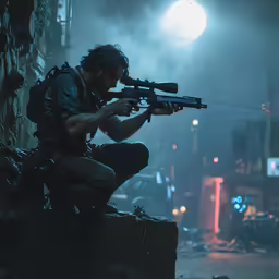a man in uniform sitting on a wall holding a rifle