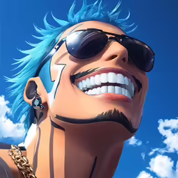 an image of a guy with blue hair and sunglasses