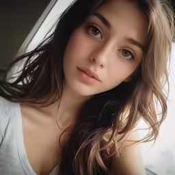 a close - up of a woman posing near a window