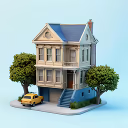 a large model house is shown with an outdoor tree