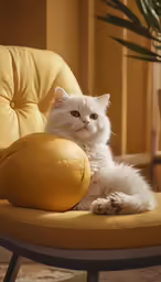 a fluffy white cat sitting on top of a wooden chair