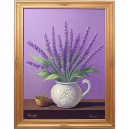 a painting of a purple vase with some lavender flowers
