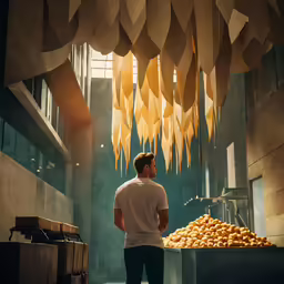 a man standing under a canopy next to lots of fruits
