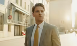 a man wearing a tan suit and a yellow tie