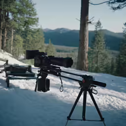 a camera sitting on top of a tripod on top of snow