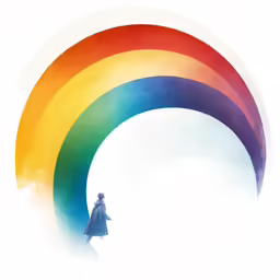 a rainbow in the sky with a man standing on the side