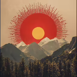 a painting of the sun in the mountains is featured