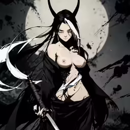 a character with very big breast, a knife and an evil face