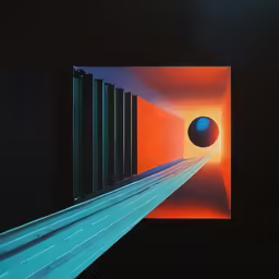 a large, abstract painting of a black and orange sphere