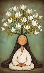an art print featuring a person with long brown hair sitting on the ground and the back of their head under a tree of white flowers