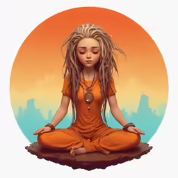 a woman is sitting in the lotus position in front of an orange circle